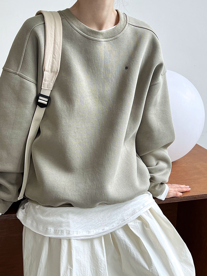 Luxi Simple Profile Loose BF Solid Color Lazy Pullover Sweatshirt Women's ins Letter Embroidered Long-sleeved Top 2267