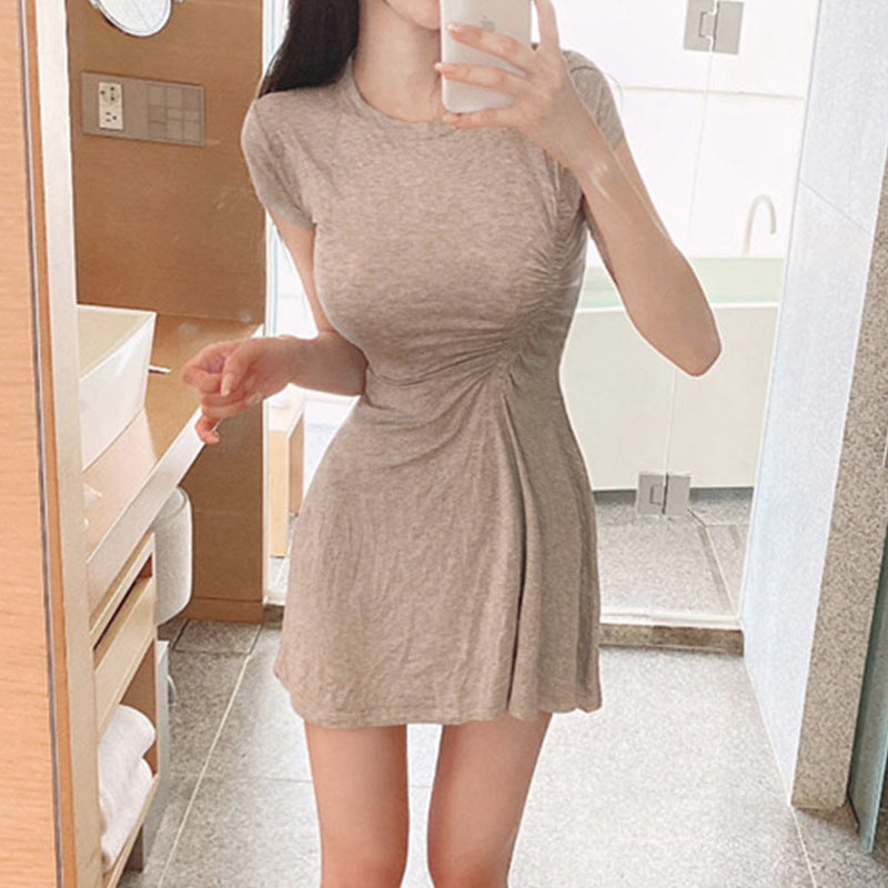 South Korea Dongdaemun New Tight Waist Slimming Pleated Super Sexy Feminine Figure Slim Dress Short Skirt for Women