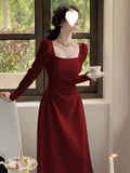 Red Long-sleeved dress Women's Spring and Autumn French Engagement Dress Bride Toasting Dress Usually Wearing Red Skirt Long Dress