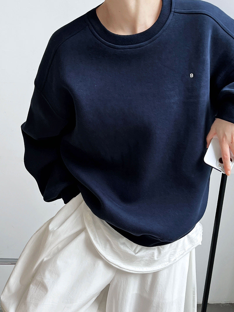 Luxi Simple Profile Loose BF Solid Color Lazy Pullover Sweatshirt Women's ins Letter Embroidered Long-sleeved Top 2267
