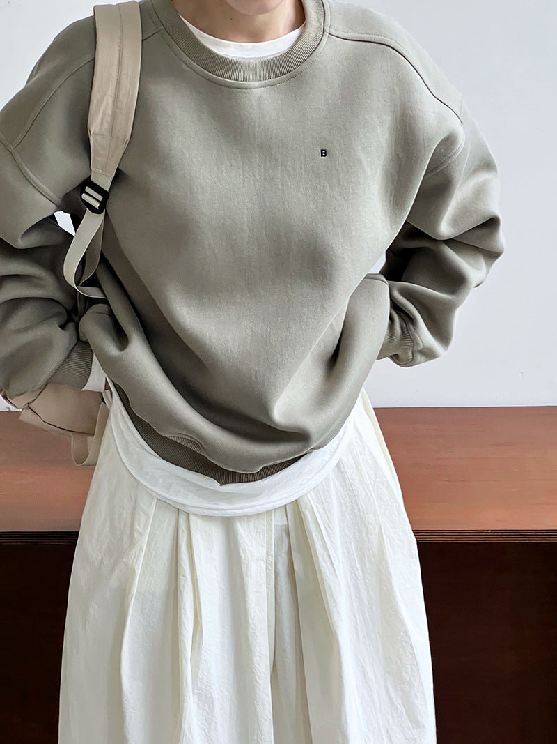 Luxi Simple Profile Loose BF Solid Color Lazy Pullover Sweatshirt Women's ins Letter Embroidered Long-sleeved Top 2267