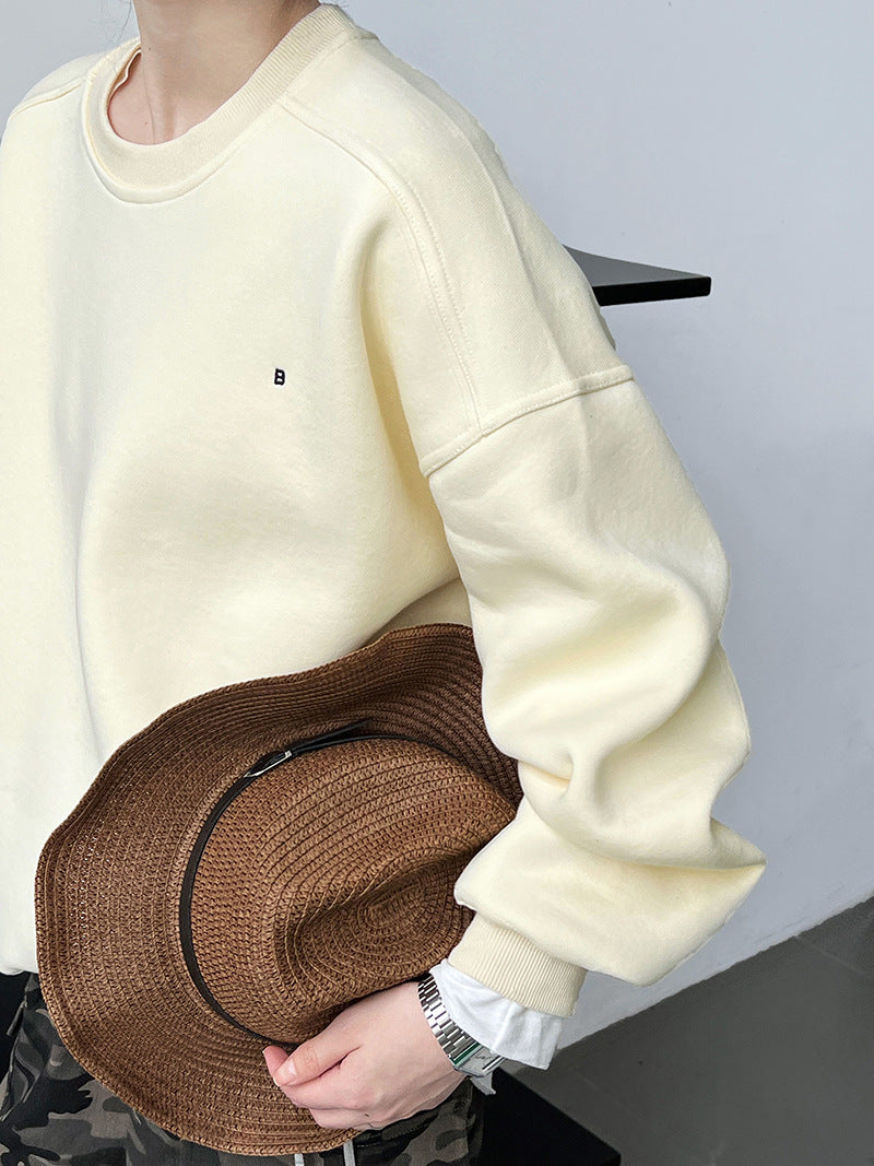 Luxi Simple Profile Loose BF Solid Color Lazy Pullover Sweatshirt Women's ins Letter Embroidered Long-sleeved Top 2267