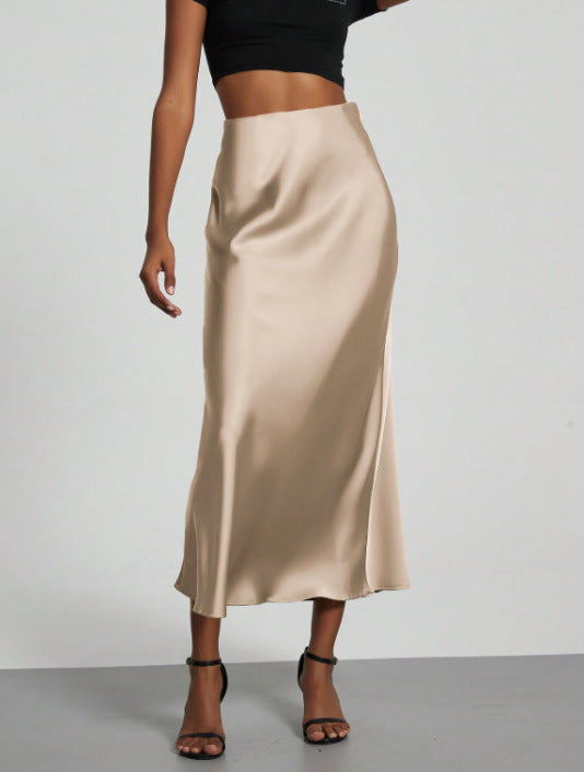 In-Stock Cross-Border Women's Clothing Wholesale European and American Style Elegant Satin Midi Skirt Slimming and Flowy