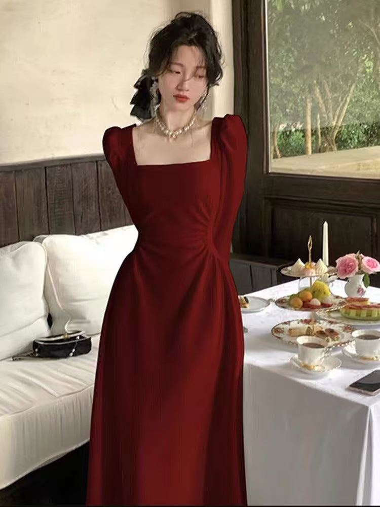 Red Long-sleeved dress Women's Spring and Autumn French Engagement Dress Bride Toasting Dress Usually Wearing Red Skirt Long Dress