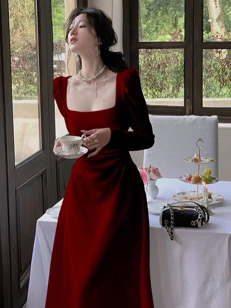 Red Long-sleeved dress Women's Spring and Autumn French Engagement Dress Bride Toasting Dress Usually Wearing Red Skirt Long Dress