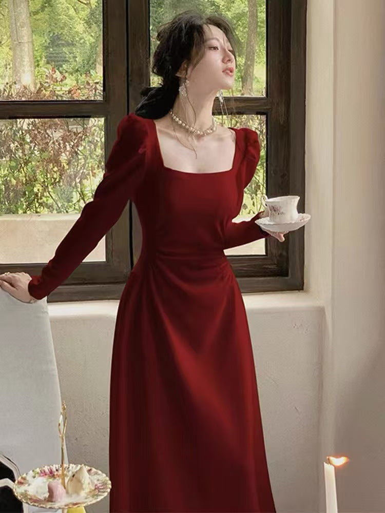 Red Long-sleeved dress Women's Spring and Autumn French Engagement Dress Bride Toasting Dress Usually Wearing Red Skirt Long Dress