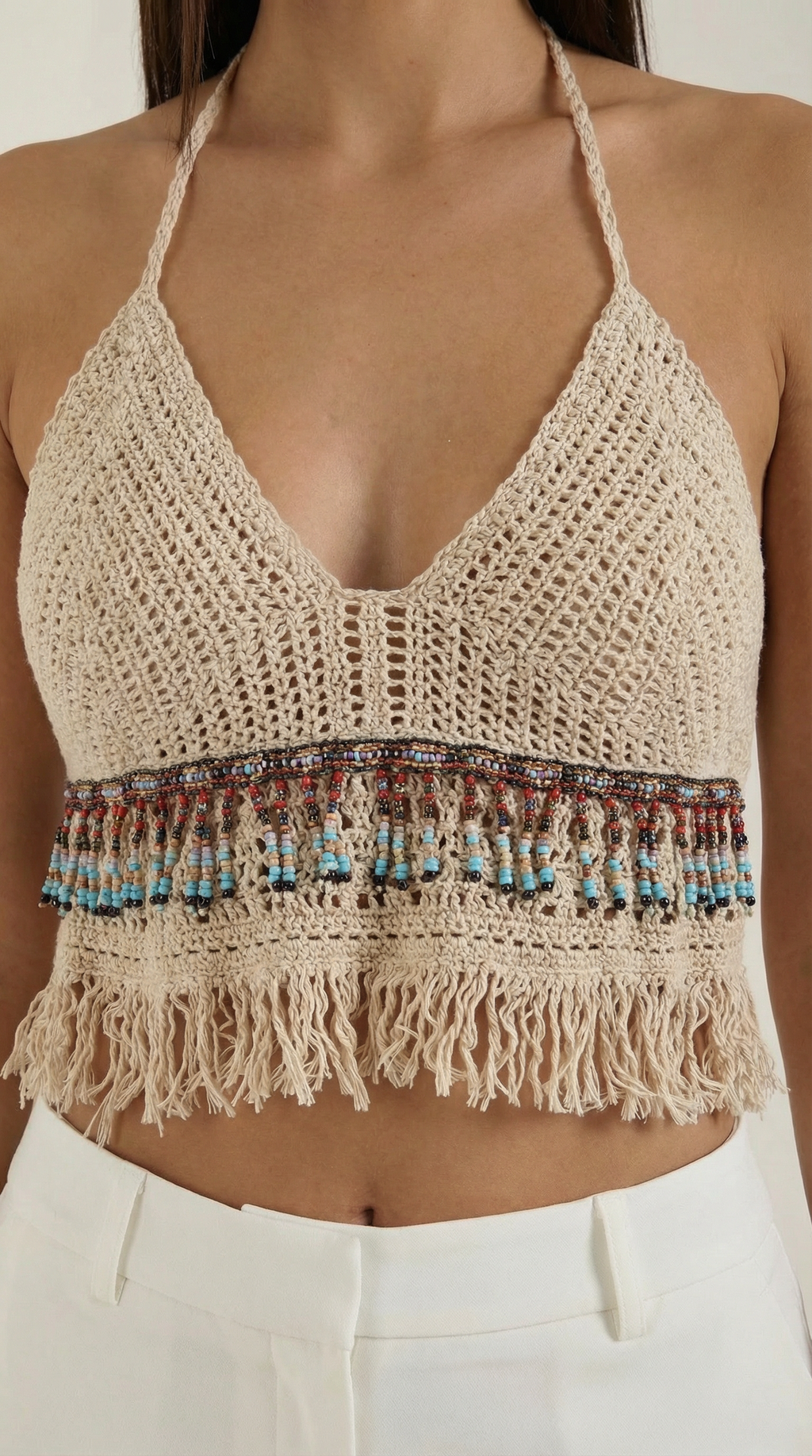 Elegante Halter de Ganchillo Celeste con Flecos